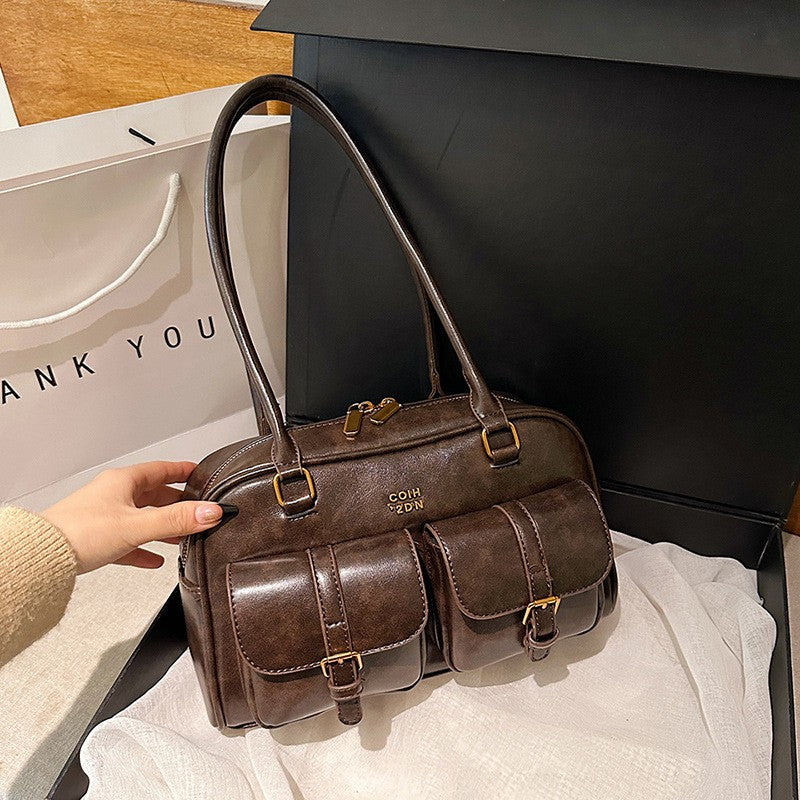 Women's Coffee Brown Multi-Pocket Handbag Shoulder Bag, Stylish Versatile Letter Crossbody Purse for Travel Work Shopping Dates