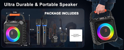Karaoke Machine with 2 Wireless Microphones, Portable Speaker with LED Lights for Kids and Adults, Supports Bluetooth/USB/TF/AUX