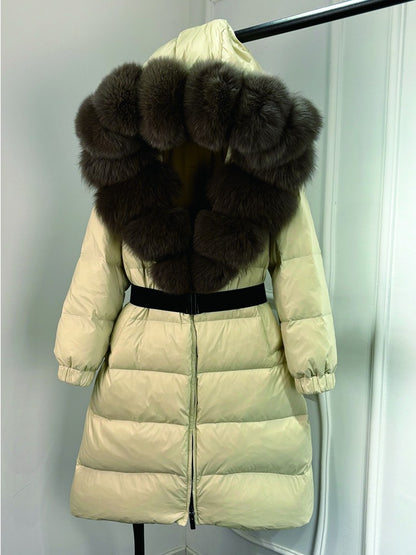 Janveny New Natural Thick Warm 90% White Duck Down Coat Long Winter Jacket Women Real Big Fox Fur Collar Belt Loose Puffer Parka