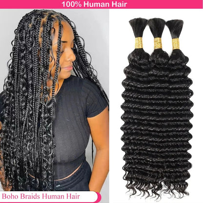 Cabelo a Granel para Tranças 100% Humano Ondulado Profundo Não Processado Sem Trama Tranças Boho Cabelo Humano Extensões a Granel Cabelo Remy Brasileiro