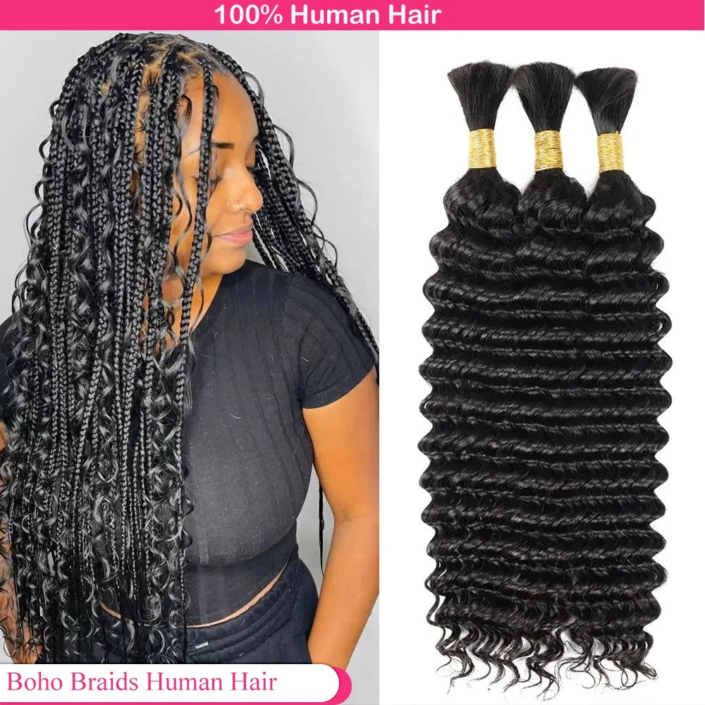 Cabelo a Granel para Tranças 100% Humano Ondulado Profundo Não Processado Sem Trama Tranças Boho Cabelo Humano Extensões a Granel Cabelo Remy Brasileiro