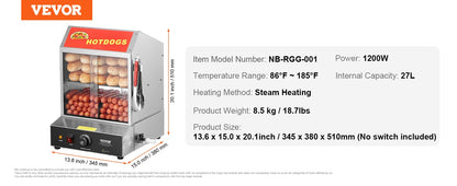 SucceBuy 27/37L 2Tiers Hot Dog Steamer with Temperature Control Stainless Steel Electric Bun Warmer for Hot Dogs&Buns for Cinema