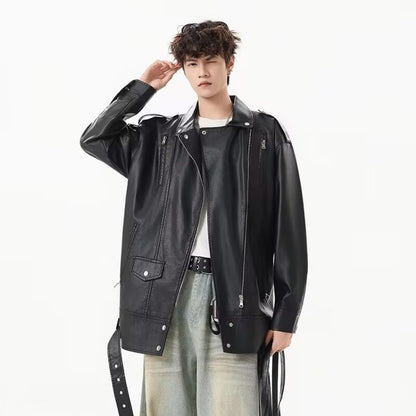 American Retro High Street Loose Motorcycle Biker Black Pu Faux Leather Jackets with Belt Spring Autumn Male Zipper Coat Outwear