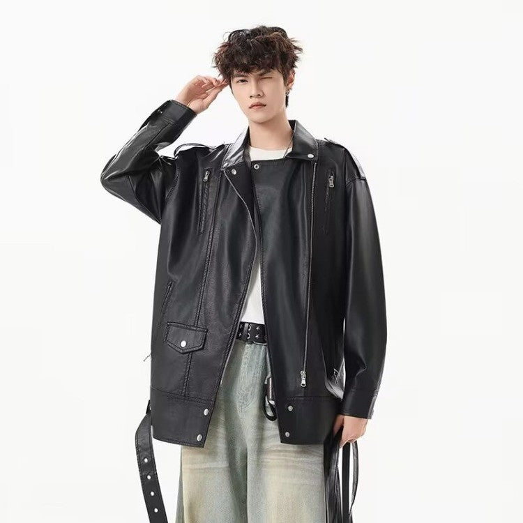 American Retro High Street Loose Motorcycle Biker Black Pu Faux Leather Jackets with Belt Spring Autumn Male Zipper Coat Outwear