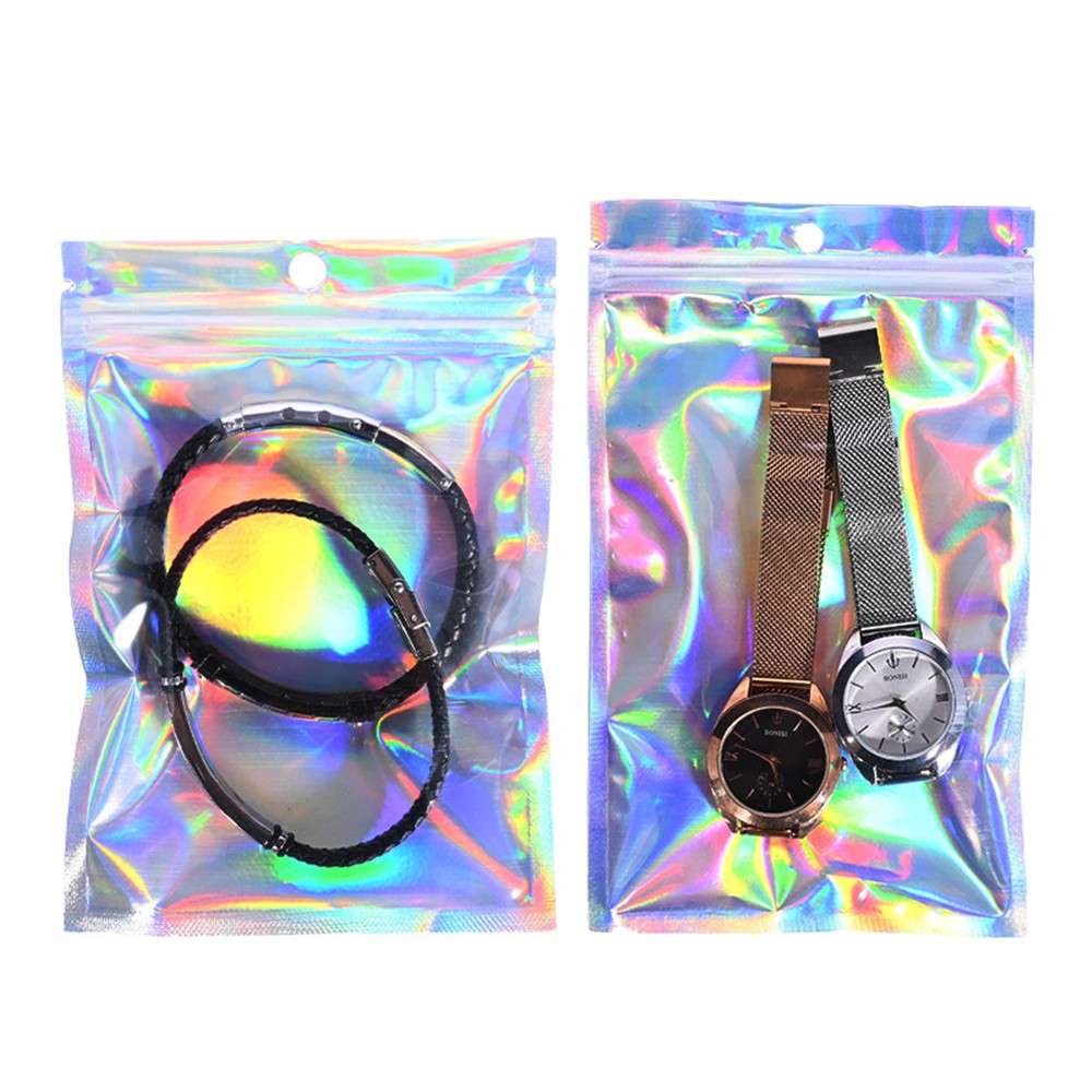 100pcs One Side Clear Laser Shiny Aluminum Foil Zip Lock Bags  Reflective Holographic Self-sealing Pouch for Fashion Accessories