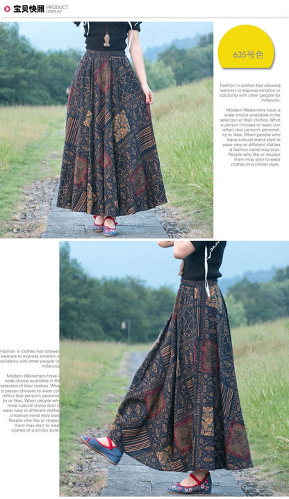 Cotton Linen Skirts for Women Fashion Casual Bohemian Y2k Print Long Skirt Summer Vintage Maxi Bottom Saias Woman Clothes Faldas