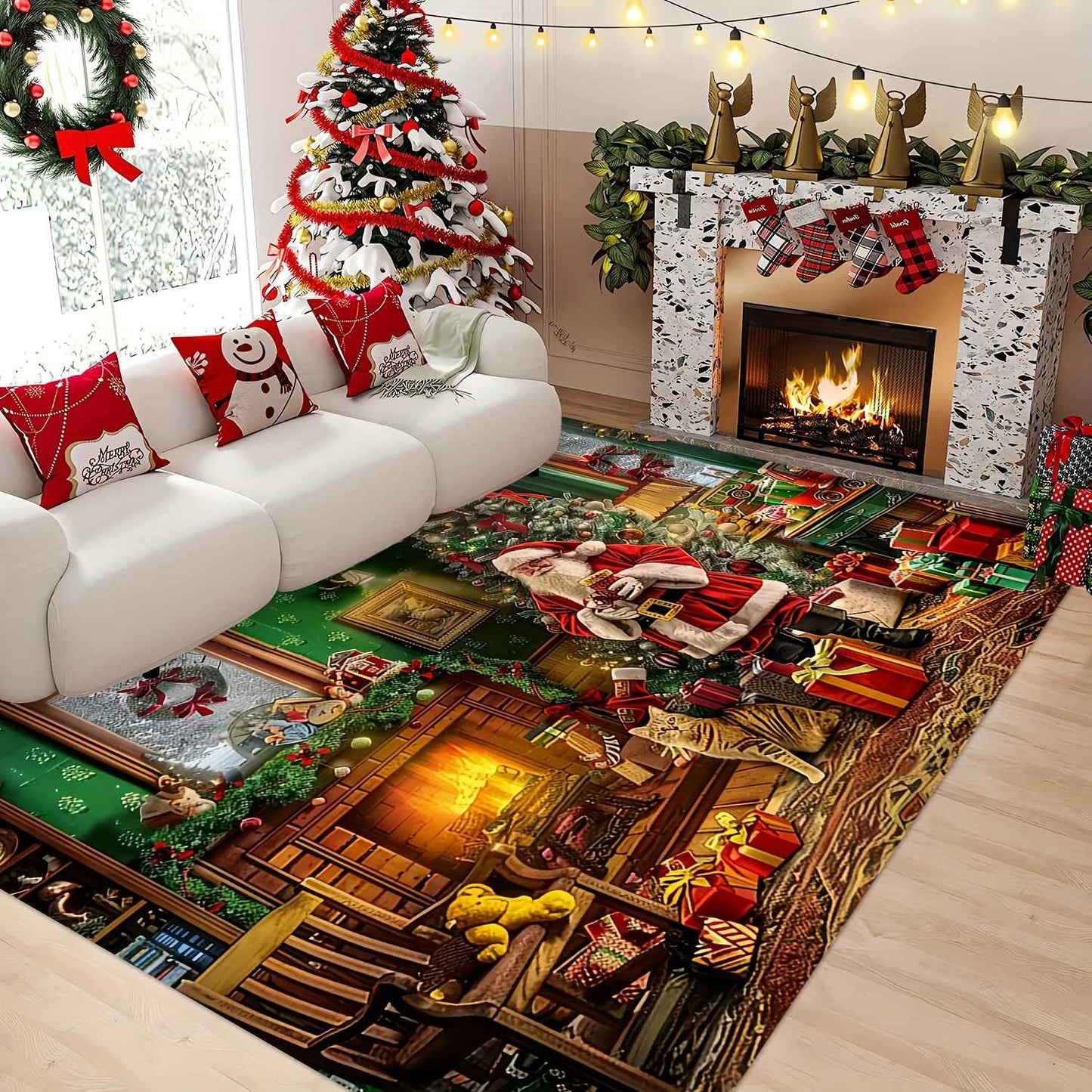 VIKAMA Red Festive Christmas Carpet Snowflake Bedroom Bedside Live Room Carpet Large Area Rugs for Living Room Home Decor