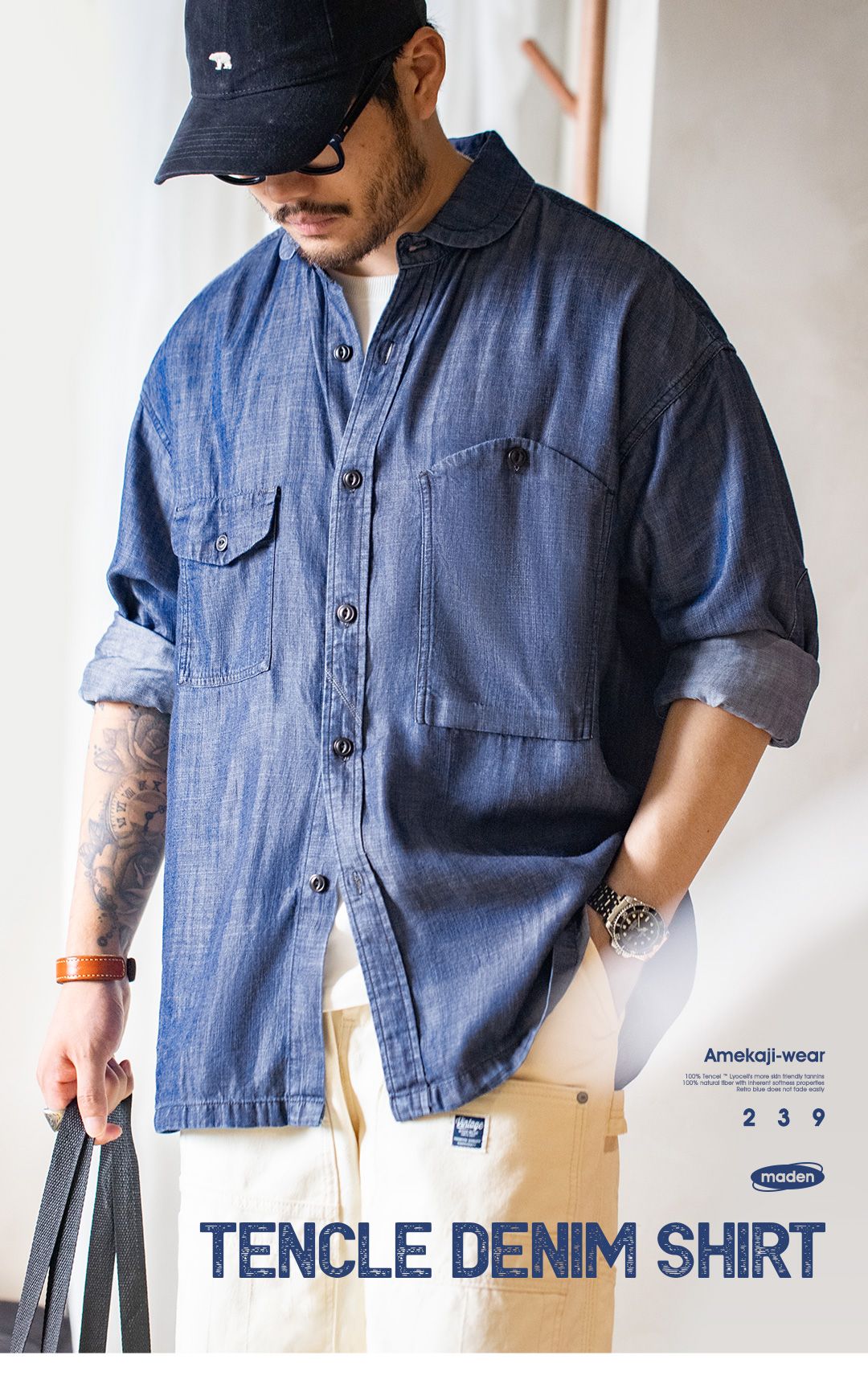 Maden Vintage Denim Shirt for Men's Spring Lightweight CPO Long Sleeve Shirt Lyocell Casual Thin Blue Lapel Collar Blouse