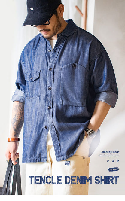 Maden Vintage Denim Shirt for Men's Spring Lightweight CPO Long Sleeve Shirt Lyocell Casual Thin Blue Lapel Collar Blouse