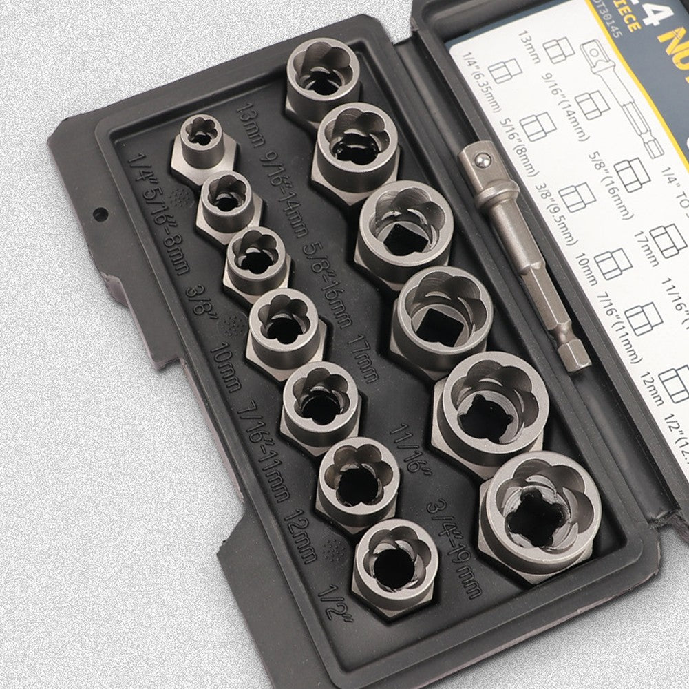 Conjunto de 14 Peças Extrator de Parafuso e Porca de Impacto, Aço Cr-Mo, Conjunto de Ferramentas Extratoras de Parafusos com Estojo de Armazenamento Sólido para Dropshipping Industrial