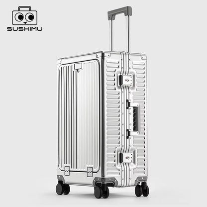 SUSHIMU 20-inch all-aluminum-magnesium alloy luggage with front opening, trolley suitcase, carry-on suitcase, metal travel