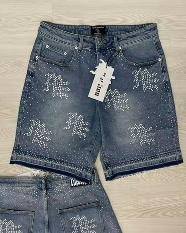 Streetwear Mens Vintage Rhinestone Sequin Denim Shorts Y2K Jeans Hip Hop Baggy Denim Gym Shorts Casual Basketball Shorts