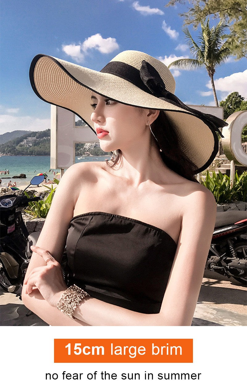 Women Summer Beach Travel Straw Hat Korean Seaside Big Hat Brim Sunblock Sunshade Holiday Foldable Fashion Big Cool Hat