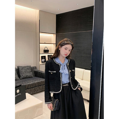 Vintage Cropped Tweed Jackets Women Elegant Black Thicken Coat Korean Single Breasted Blazer Casual Warm Short Outerwear Tops