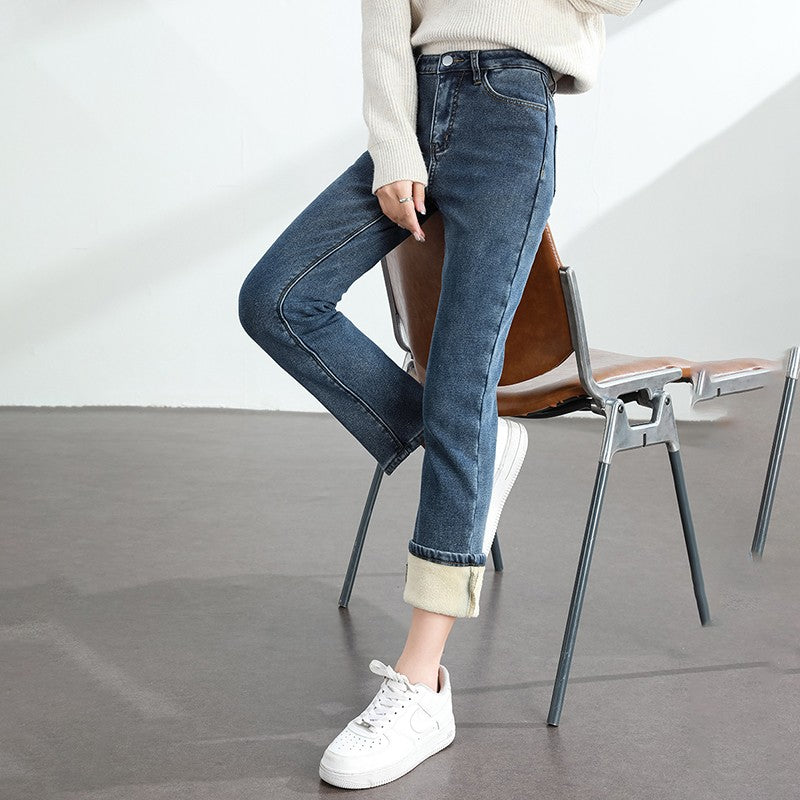 Women's Winter Fleece Warm Jeans Retro Elastic Thickened Comfortable Straight Fashion Korean Casual Female Velvet Denim Pants