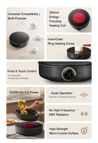 XIAOMI MIJIA Electric Ceramic Cooktop,10?Level Power With Child Safety Lock,Timer,2200W Induction Cooker,CN Version With Adapter