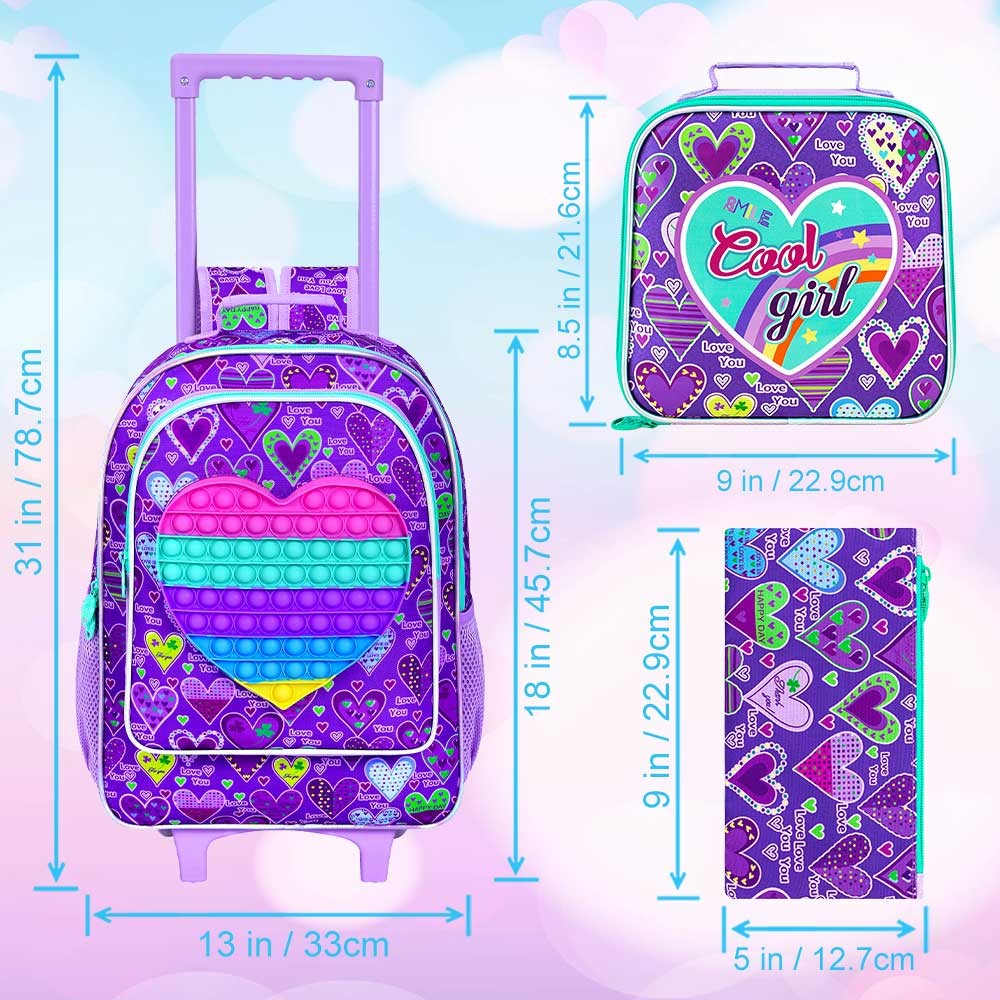 Mochila de Rodinha 3 Peças para Meninas, Mochila Escolar com Rodas para Crianças, Mochila Escolar com Lancheira - Roxo