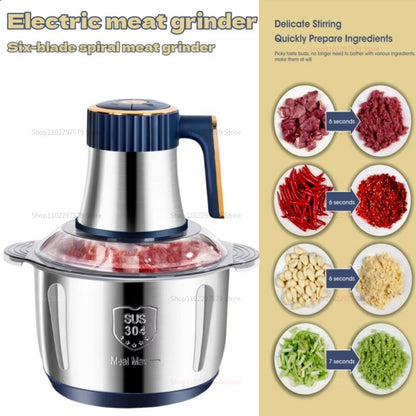 Moedor de Carne Elétrico 5L Triturador de Alimentos Aço Inoxidável Processador Cortador de Legumes Multifuncional para Liquidificadores de Cozinha