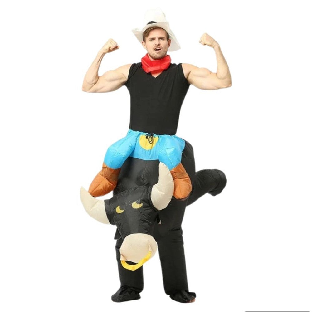 Inflatable Riding Bull Cowboy Costume Adult Funny Blow Up Rodeo Bull Outfit For Halloween Carnival Cosplay Party Dress Up