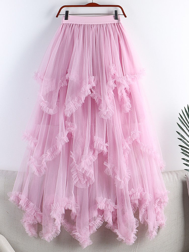TIGENA Tutu Tulle Long Skirt for Women 2023 New Summer Korean Aesthetic Cute Irregular Mesh High Waist Maxi Skirt Female Purple