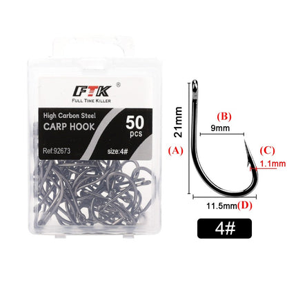 FTK 50 Unidades/Caixa Anzol de Pesca com Mosca de Aço de Alto Carbono Anzol Afiado com Farpa Anzol Curvo com Abertura Larga Reforçado para Pesca de Carpa em Córregos