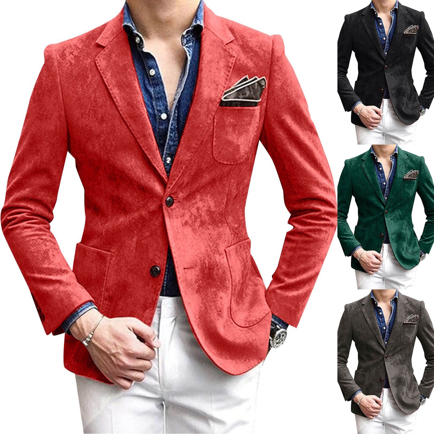 Casual Blazer One Button Business Suit Jacket Mens Fashion Velvet Long Sleeve Pockets Lapel Suit Jacket Blazers Para Hombre