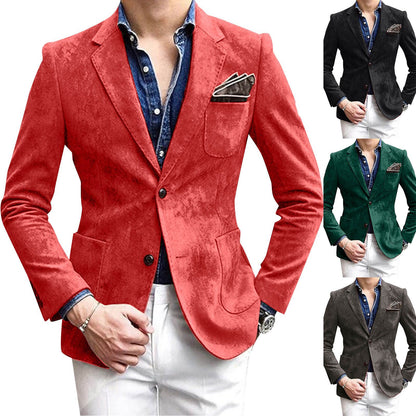 Casual Blazer One Button Business Suit Jacket Mens Fashion Velvet Long Sleeve Pockets Lapel Suit Jacket Blazers Para Hombre