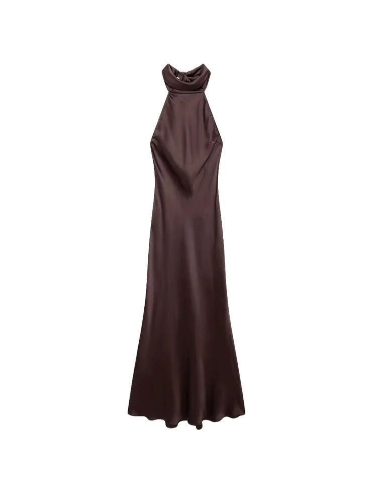 TRZA-Women's Long Satin Halter Dress, Backless, Bow Tied, Back Zipper, Female Dr