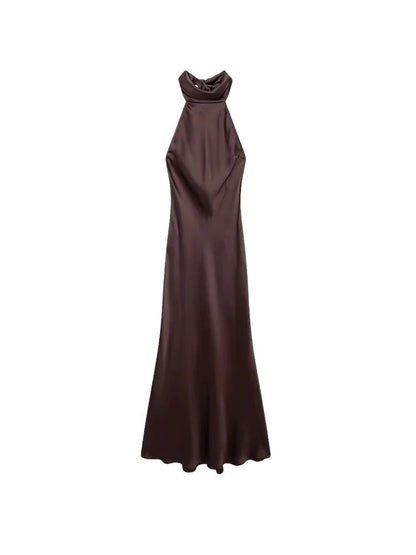 TRZA-Women's Long Satin Halter Dress, Backless, Bow Tied, Back Zipper, Female Dr