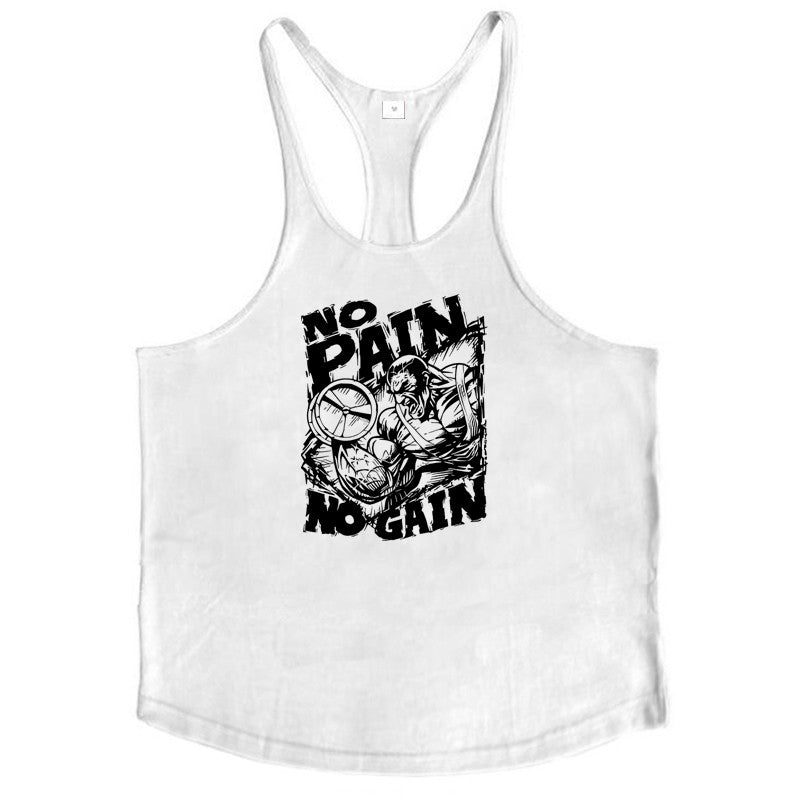 NO PAIN NO GAIN Print Gym Fitness T-Shirt Mens Bodybuilding Sport Sleeveless Vests Cotton Breathable Y-back Suspenders Tank Tops