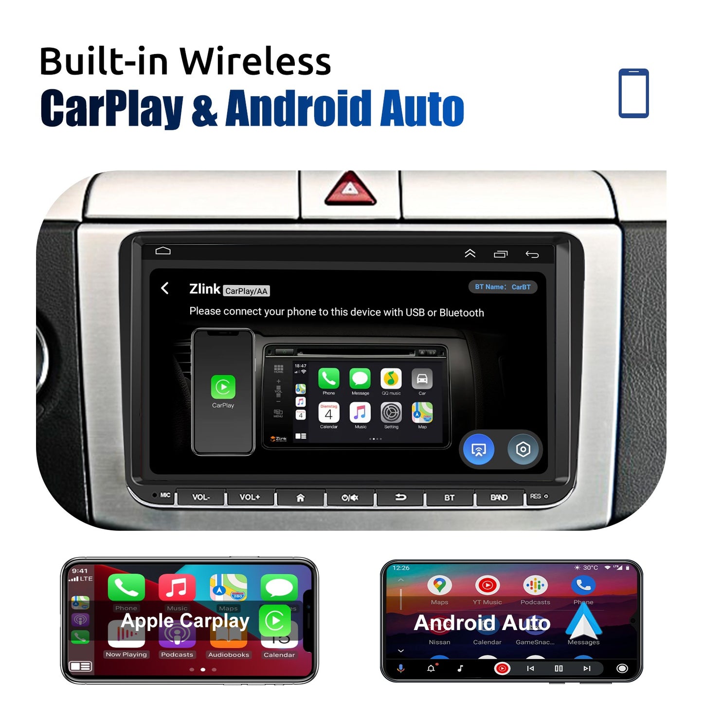 Central Multimídia 9" Android 14 4G+64G Sem Fio Carplay GPS NAVI WIFI RDS FM BT EQ para VW Golf 5 6 Passat Polo Touran Tiguan Caddy EOS