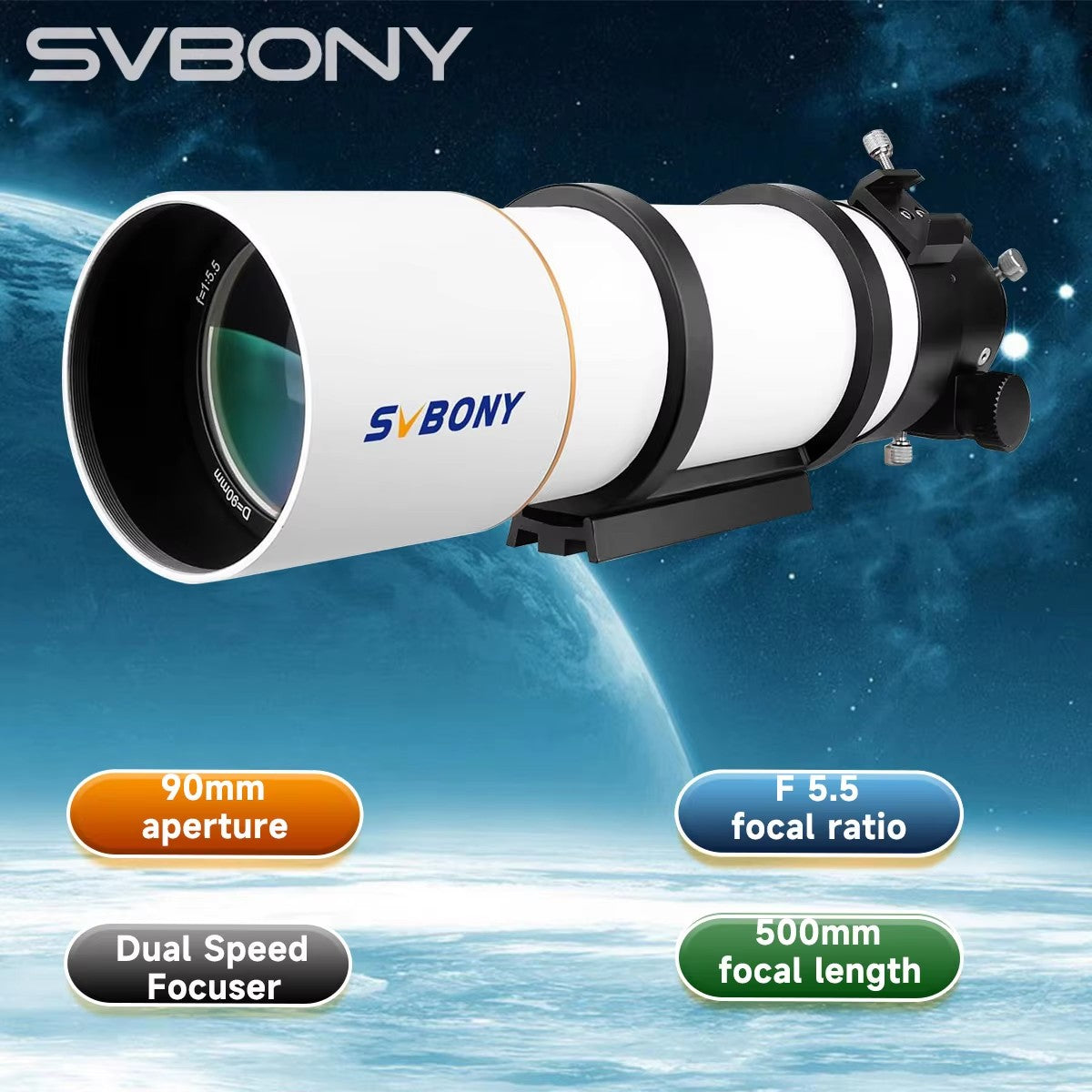 Telescópio Astronômico Refrator Svbony SV48P 90/102mm Abertura OTA com Focador de Duas Velocidades para Astrofotografia de Céu Profundo