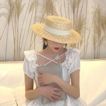 Chapéu de sol feminino de verão com aba larga, Fedora, palha de trigo natural, chapéu de praia, chapéu de sol feminino de ráfia, Panamá Jazz