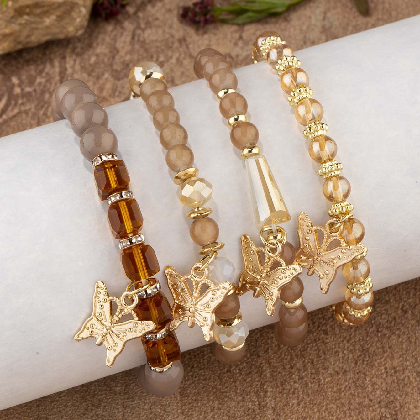 Conjunto de Pulseiras Femininas Boho com 4 Peças, Borboleta, Cristais e Miçangas, Joias da Moda, Presente para Festas