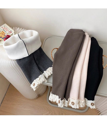 Girls Slim Fit Leggings Kids Cozy Fleece Lined Winter Pants with Decorative Lace Edging Children Outdoor Wear Clothing