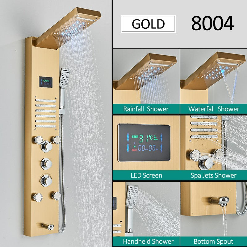 Sistema de Torre de Painel de Chuveiro de LED Coluna de Chuveiro de Cascata de Chuva com Tela LCD de Hidroeletricidade com Torneira de Chuveiro de Spa de Corpo com Massagem