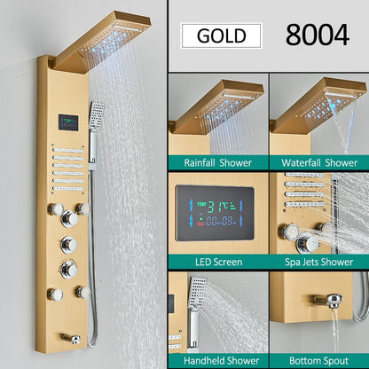 Sistema de Torre de Painel de Chuveiro de LED Coluna de Chuveiro de Cascata de Chuva com Tela LCD de Hidroeletricidade com Torneira de Chuveiro de Spa de Corpo com Massagem