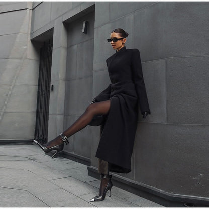 Black Tailored Long Coat Women Elegant Asymmetric Button Front Pockets Full Sleeve Criss-cross Neck Jacket 2025 Casual Outerwear