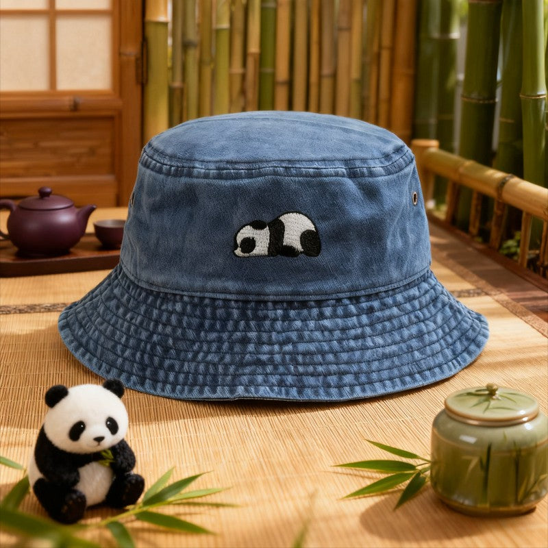 Panda Embroidery Washed Cotton Bucket Hat for Men Women Vintage Wide Brim Sun Protection Adjustable Outdoor Fishing Beach Cap