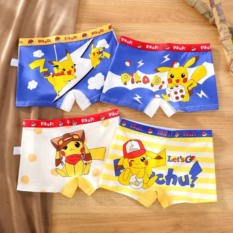 Cueca Boxer Infantil 4 Peças Pokémon para Meninos Algodão Anime U Pouch Bulge Roupa Íntima Desenho Animado Shorts Infantis Fofos Respiráveis Calças Boxer 2-12 Anos