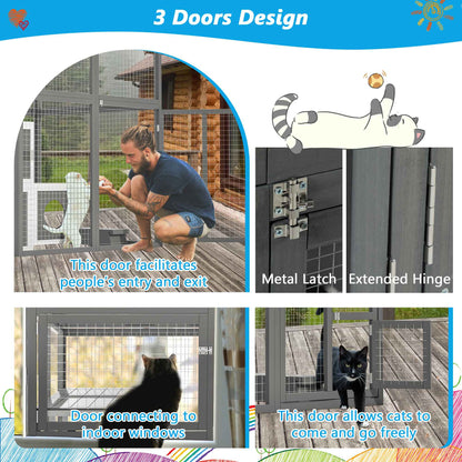 Cercadinho Gatos ao Ar Livre Deluxe - Catio de Madeira Maciça com 2 Plataformas de Salto, 7 Casas Aconchegantes e Acesso Caminhável