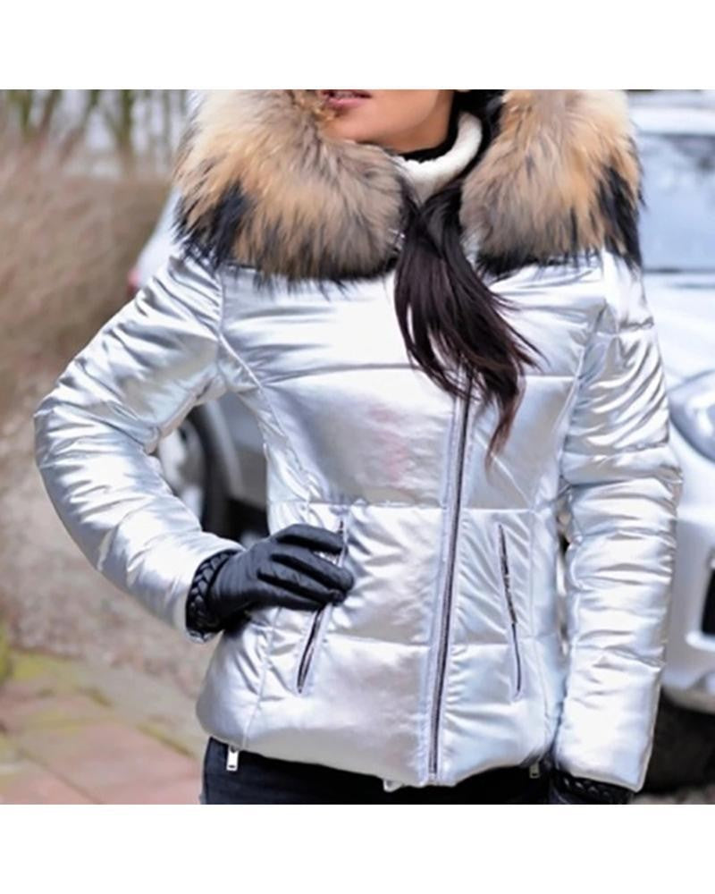 Women’s Short Coat with Fur Collar Winter Warm Quilted Jacket Outerwear