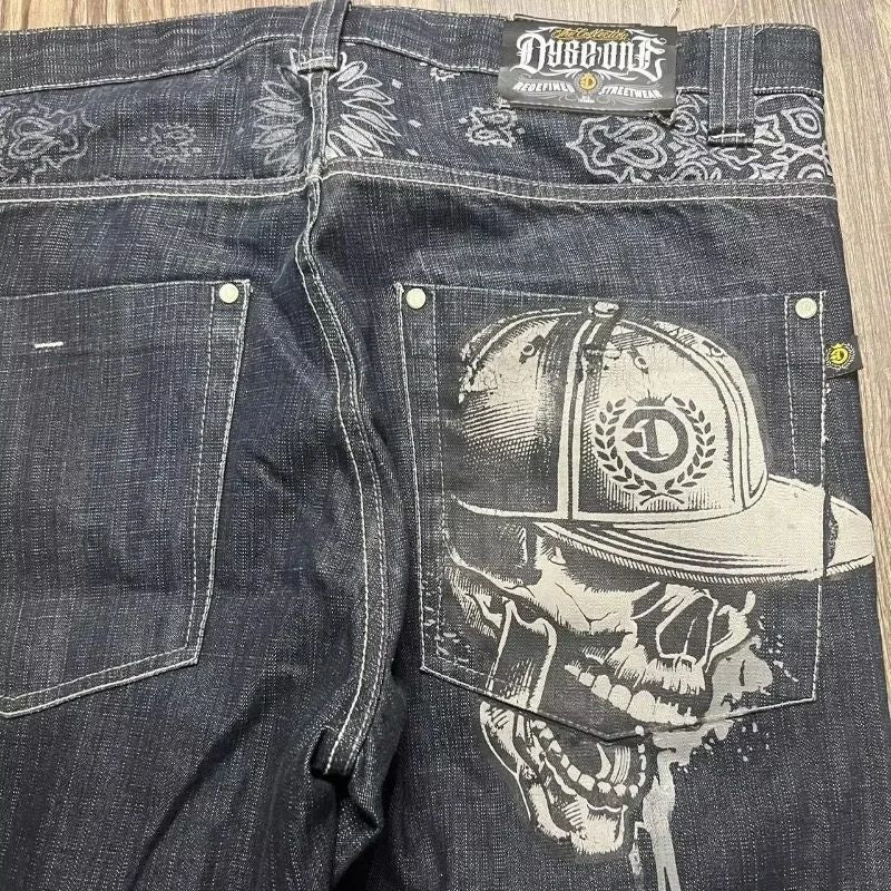 Y2K American New Trend Hip-hop Gothic Embroidered Jeans Men's Street Harajuku Leisure Loose Straight Wide-leg Pants Unisex Jeans
