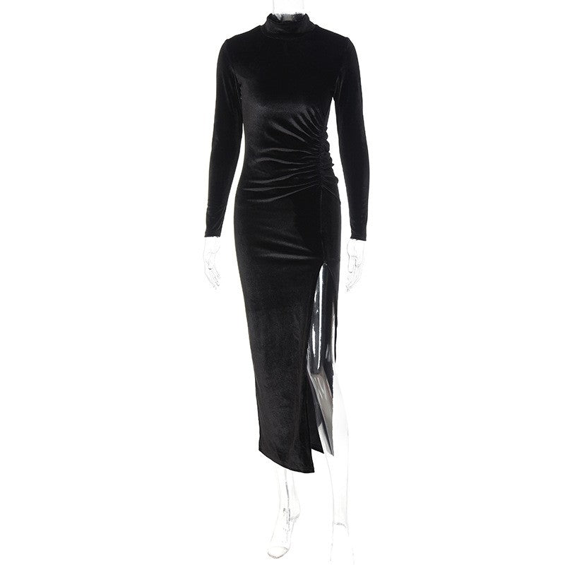 2022 Autumn Winter Women Solid Velvet Long Sleeve Ruched Midi Dress Side Slit Bo