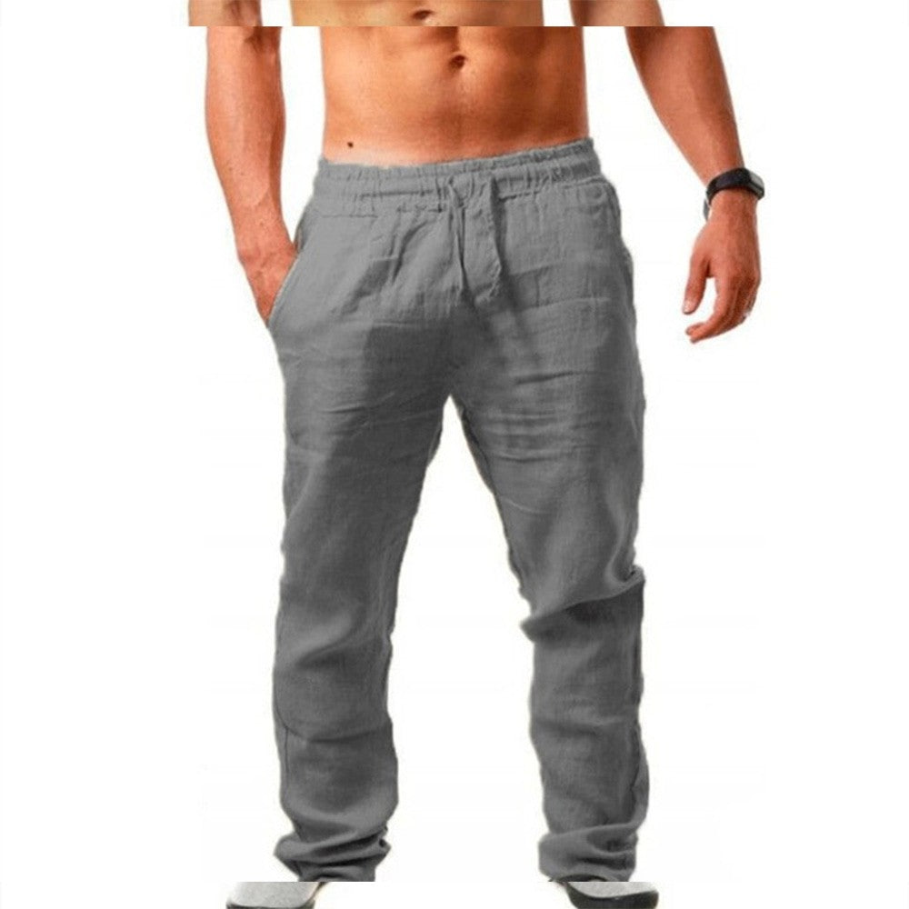 Men's Cotton Linen Pants Summer Solid Color Breathable Linen Trousers Male Casual Elastic Waist Fitness Pants Hip-Hop Streetwear