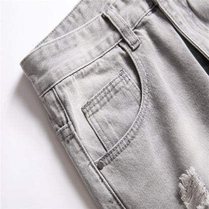 Mens Jeans Large-size Straight Light Gray Denim Trousers Spring and Autumn Full Length Male Pants Ripped Jeans