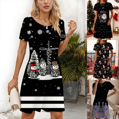 2025 New Snowman & Christmas Print Short Sleeve Dress Black with White Snowflakes & Red Hats Women's A-Line Dress Party Outfit