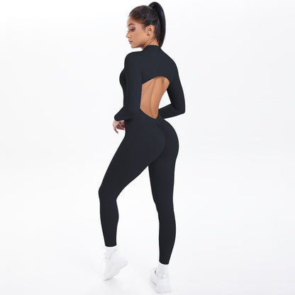 Women's Seamless Yoga Jumpsuit - Front Zip Open Back Breathable One-Piece Bodysuit for Gym Running Fitness Workout