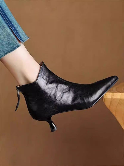 Elegant with Medium Heels Booties Autumn Winter Fleece-Lined Female Short Shoes Pointed Toe Leather Chelsea Women's Ankle Boots
