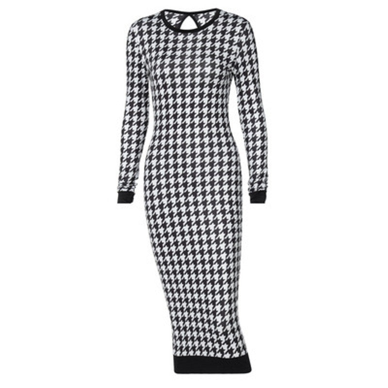 Houndstooth Print Women Long Sleeve Midi Dress Hollow Out Bodycon Sexy Streetwea